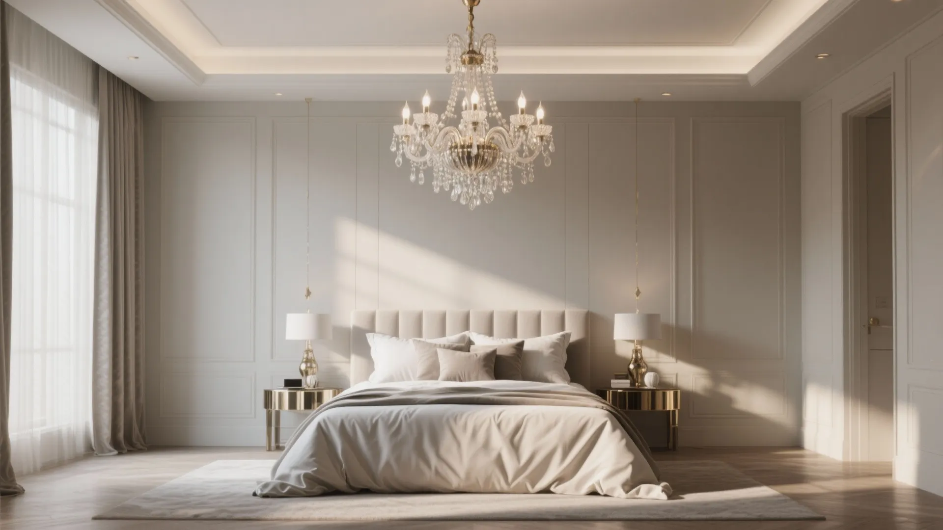 Large crystal ceiling light hanging in a bedroom with white wall panels and soft bedding