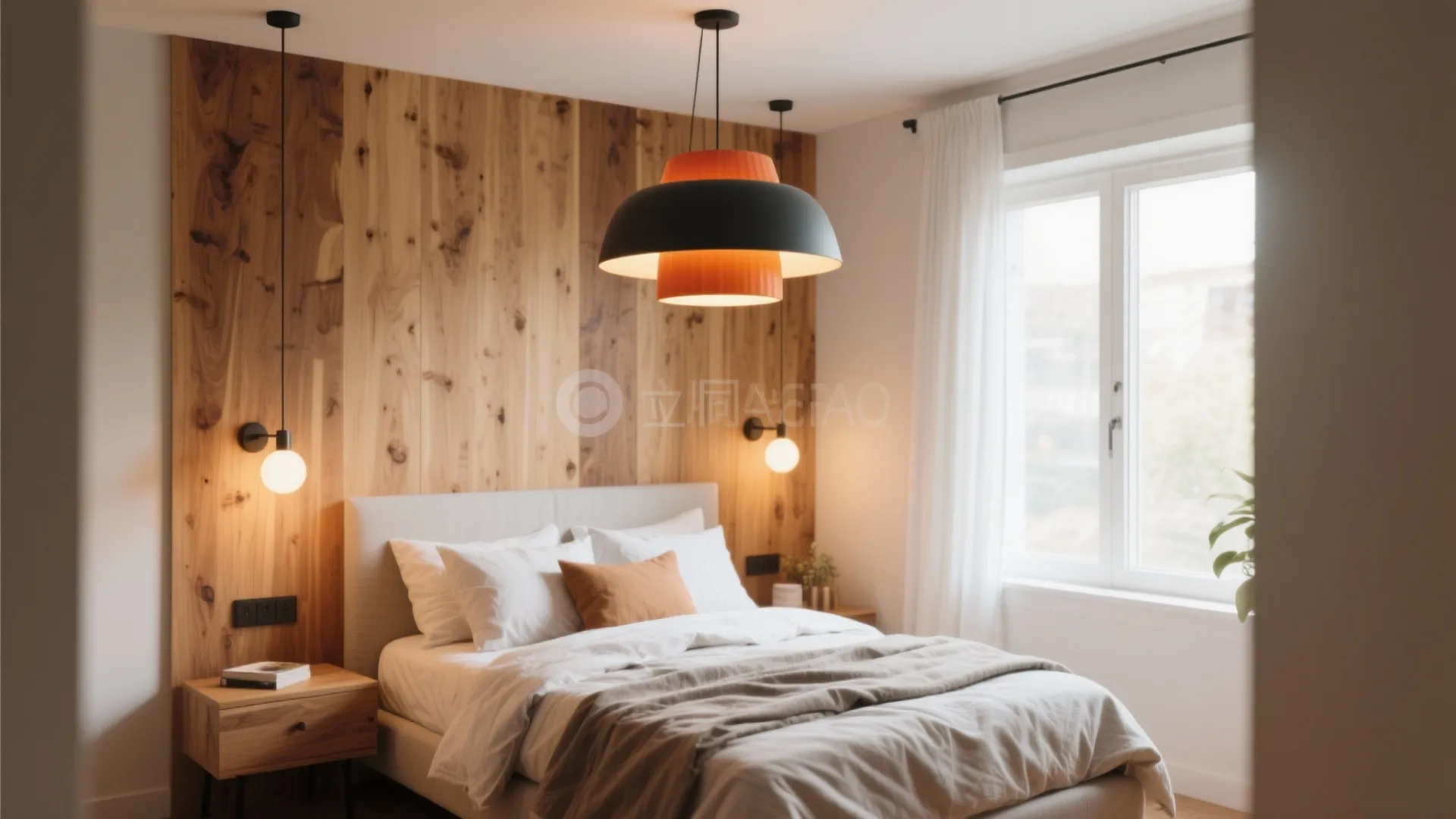 Modern bedroom with large black orange ceiling light wood wall panel white bed and side table