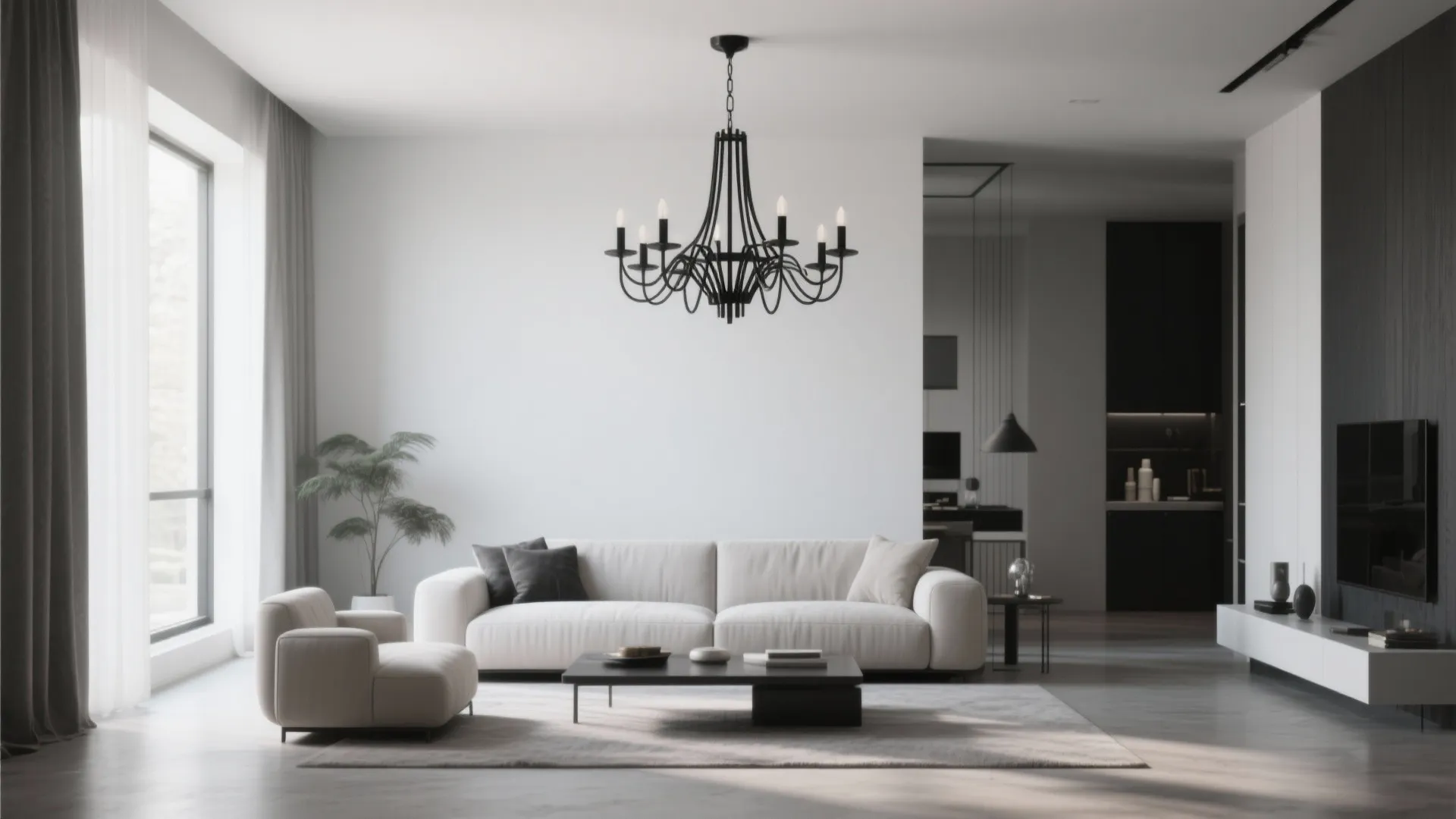 Modern living room with white sofa, black ceiling light, coffee table, and large bright window