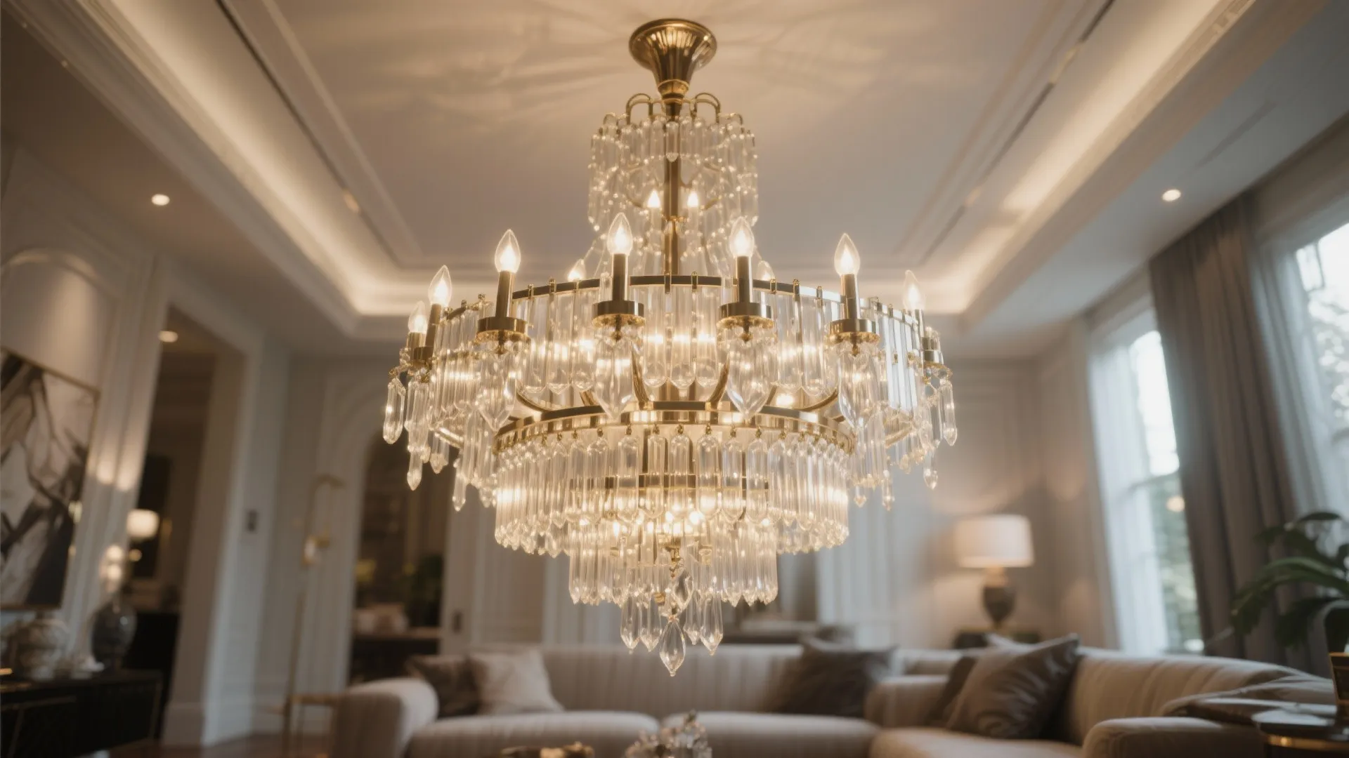 Elegant crystal ceiling light hanging in a luxury living room with soft lighting and comfortable sofa