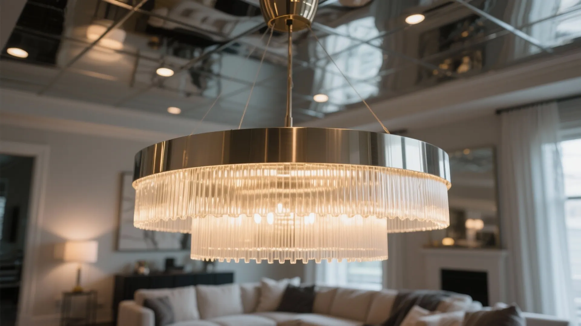 Modern round glass ceiling light hanging above a white sofa in a bright living room