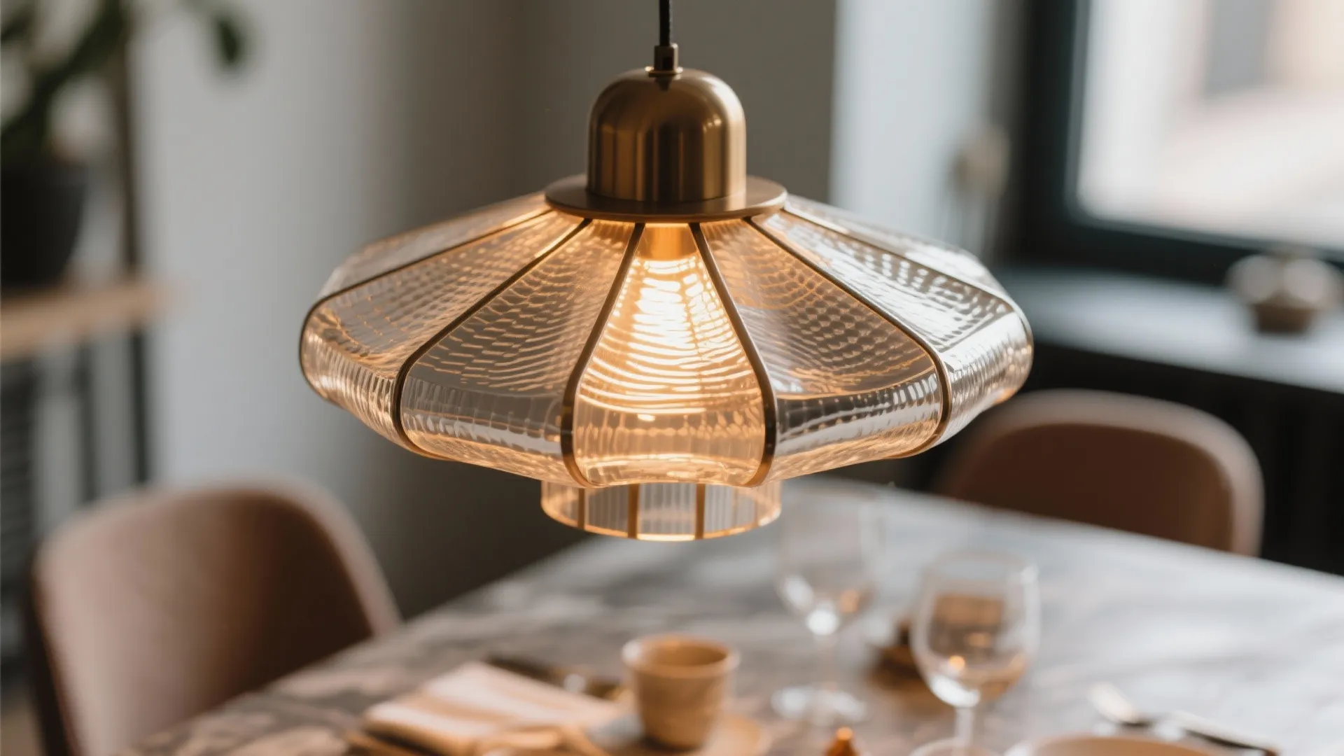 Close up of glass ceiling light fixture hanging over a dining table with place settings