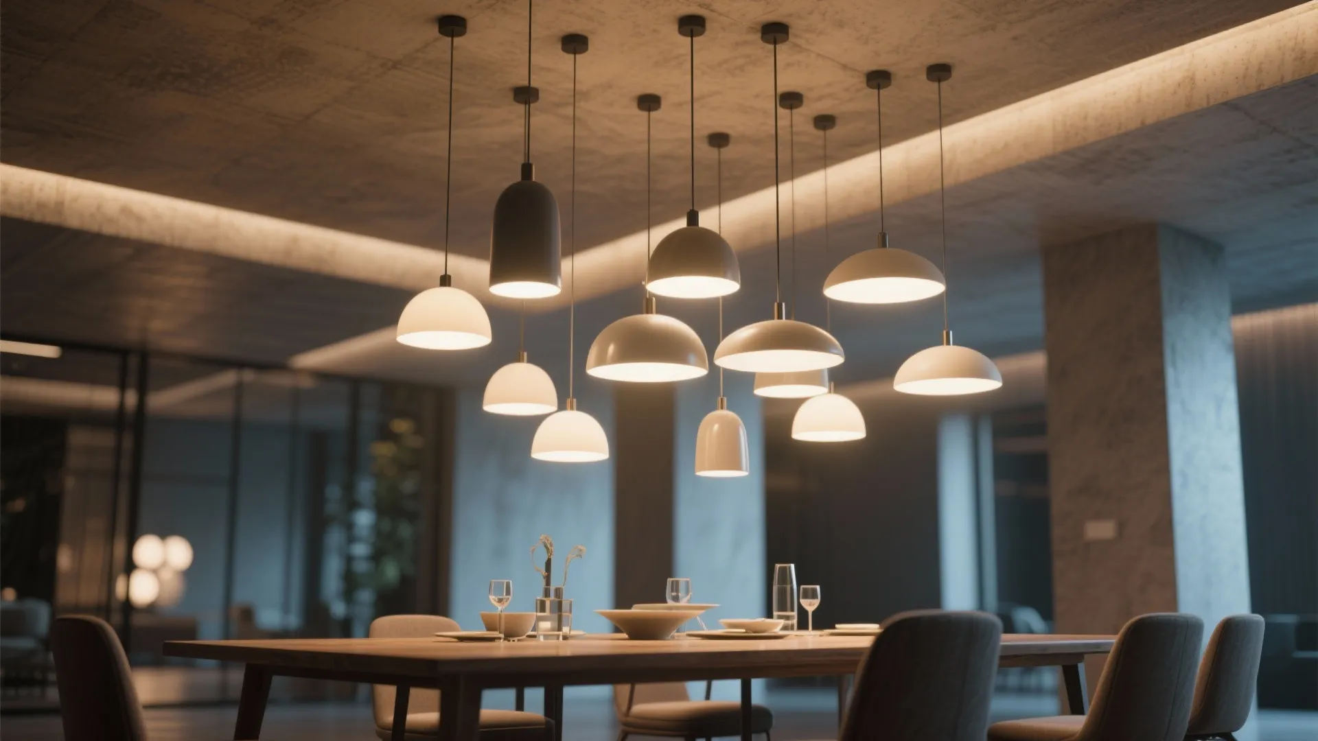 Modern wooden dining table with many white ceiling light fixtures hanging at different heights above chairs
