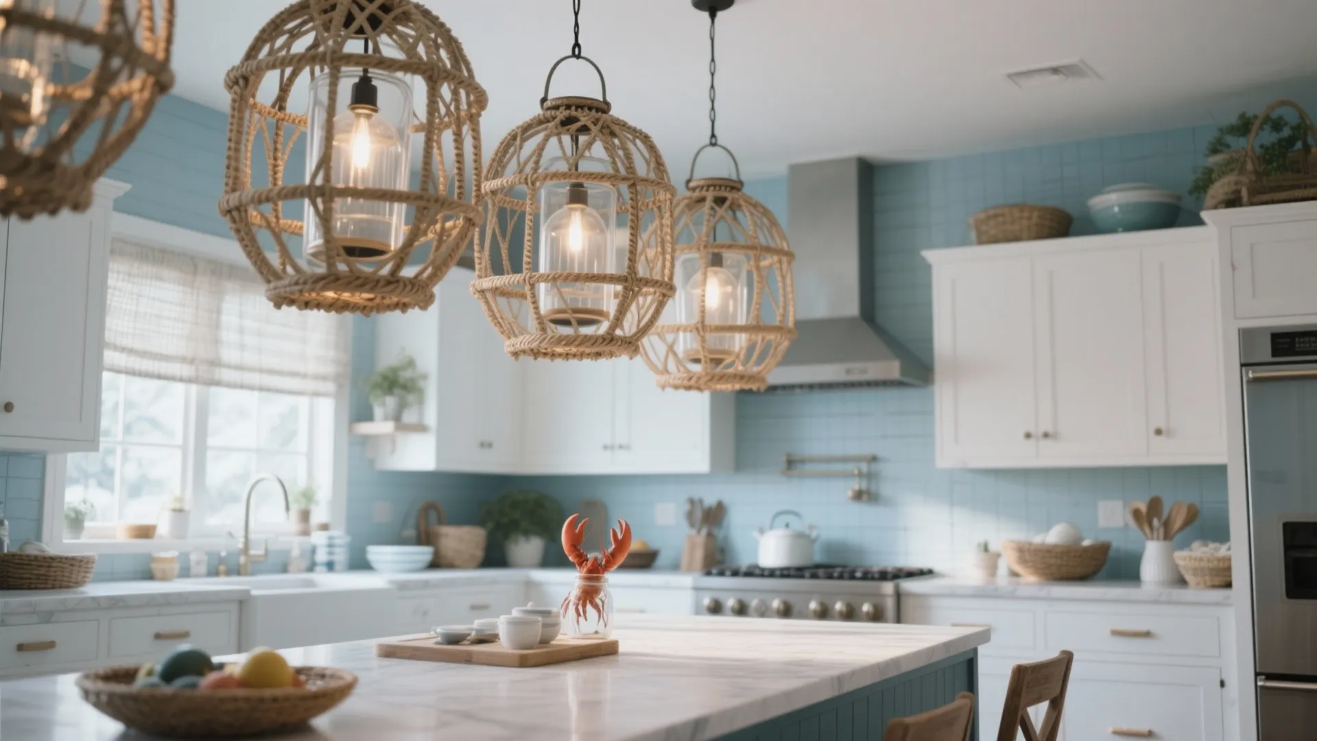 Three cage style ceiling lights hanging over a kitchen island with white cabinets and blue tiles