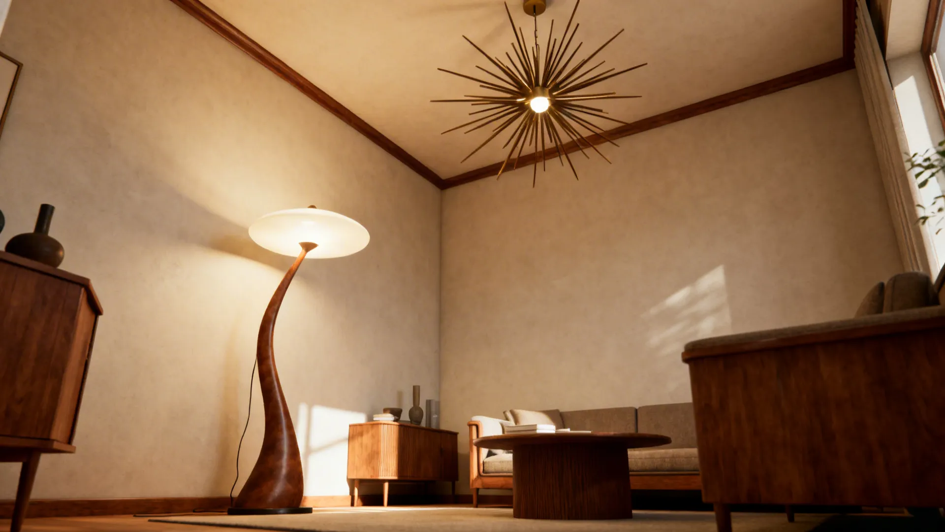 A sculptural floor lamp and starburst pendant in a small mid-century living room corner, drawing the eye upward.