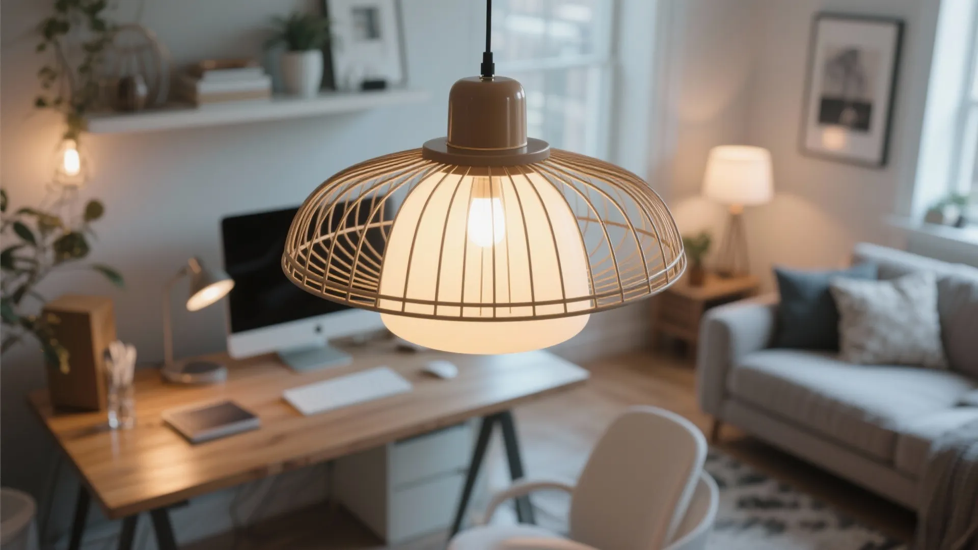Modern home office area with a wooden desk, computer, and a large decorative ceiling light