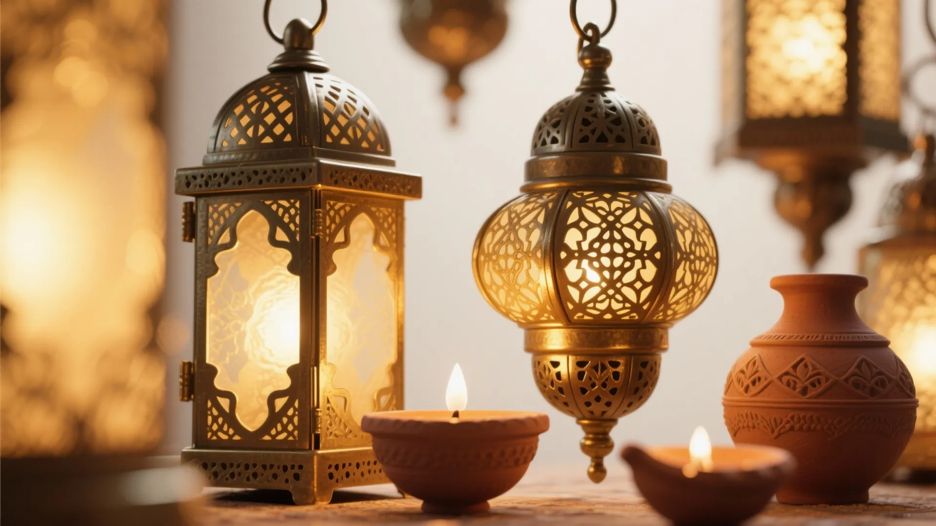 Closeup of ornate Indian metal lanterns and clay lamps