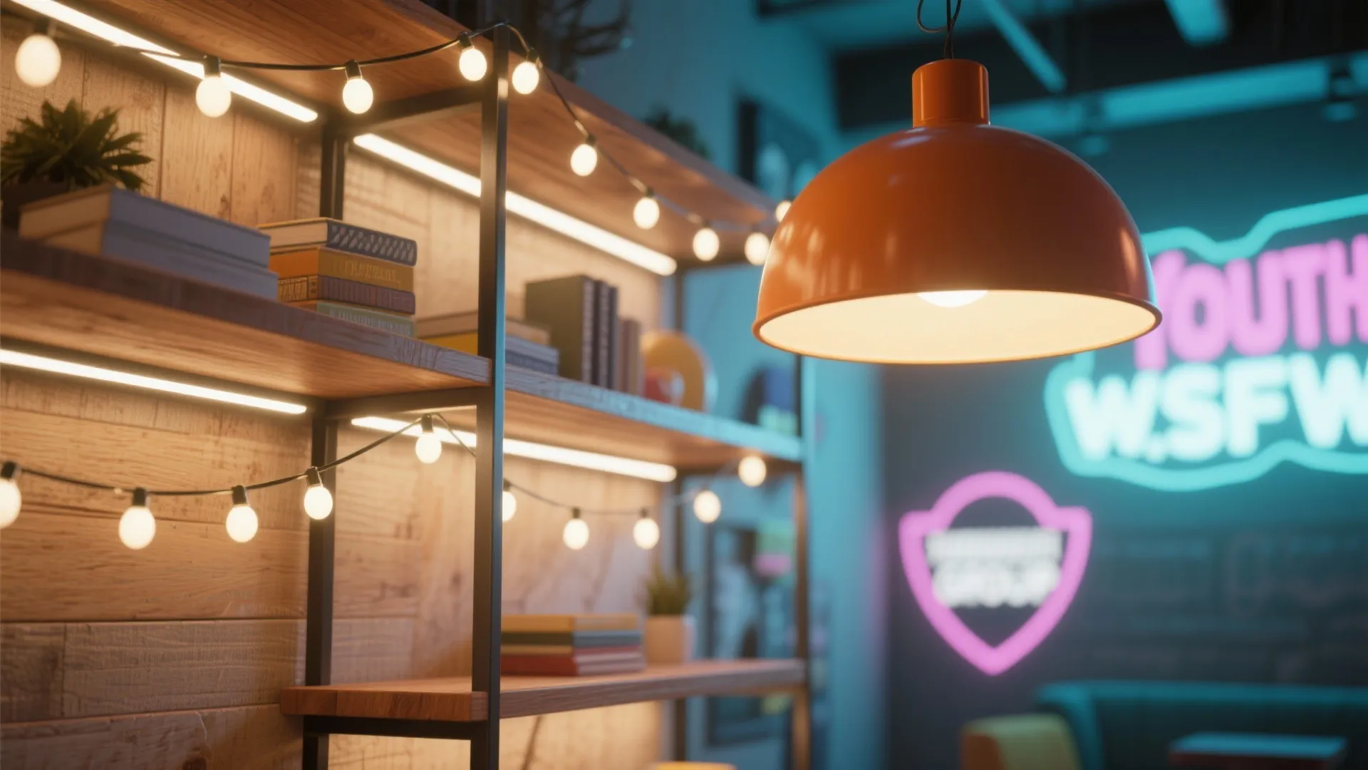 Close up of orange ceiling light and wooden shelves with string lights in modern room