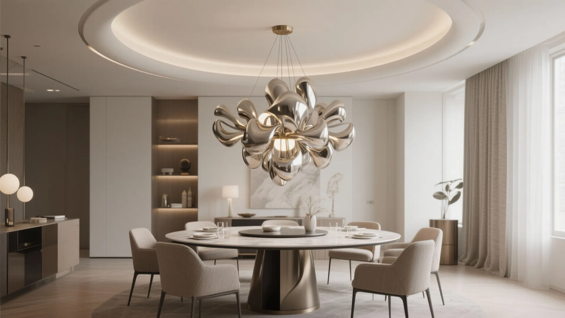 Modern dining room featuring large silver ceiling light over round marble table with beige chairs