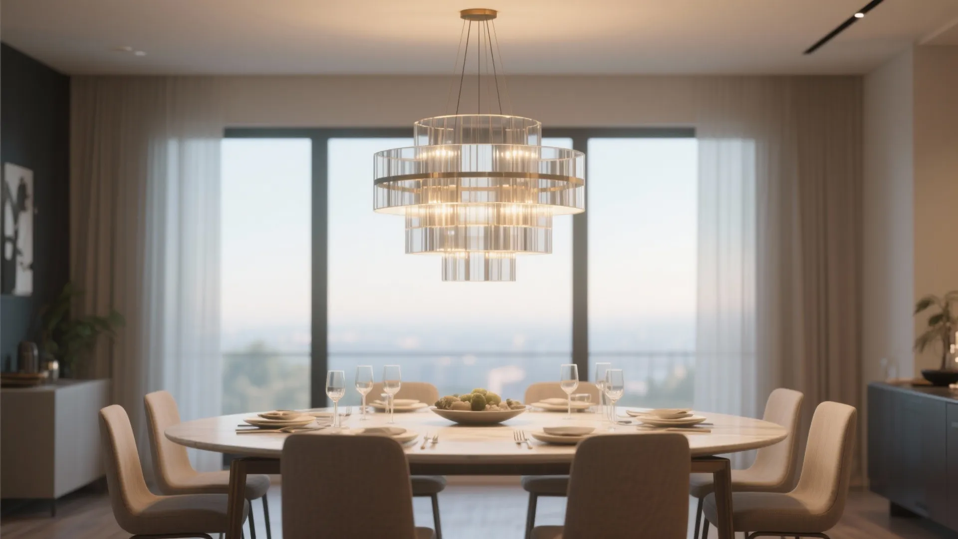 Dining table with modern chandelier proportional to space