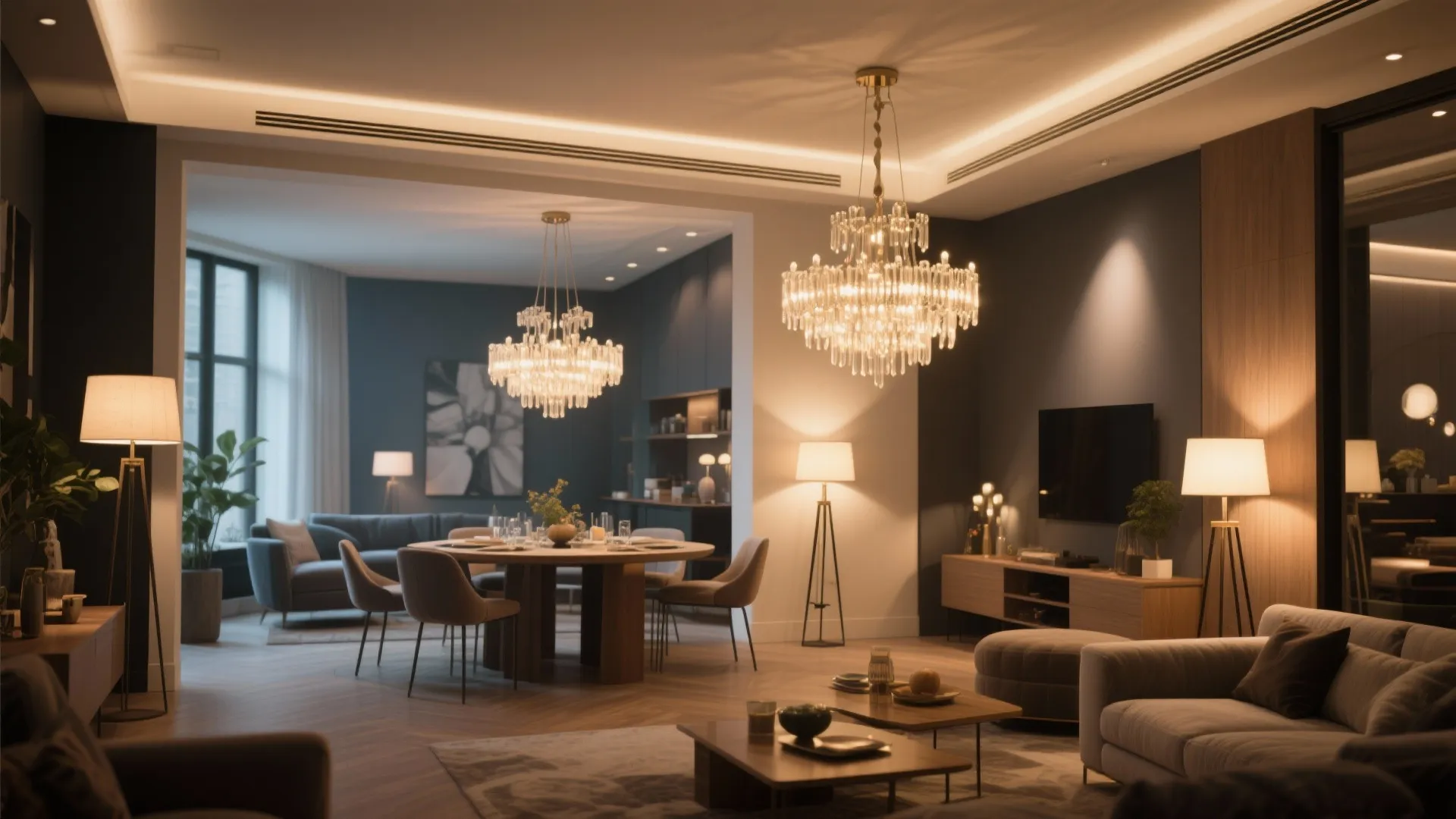 Modern living room featuring large crystal ceiling lights with warm glow over a wooden dining table