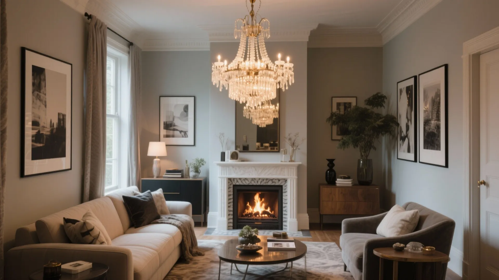Elegant living room featuring a large crystal ceiling light fireplace white sofa and grey chairs