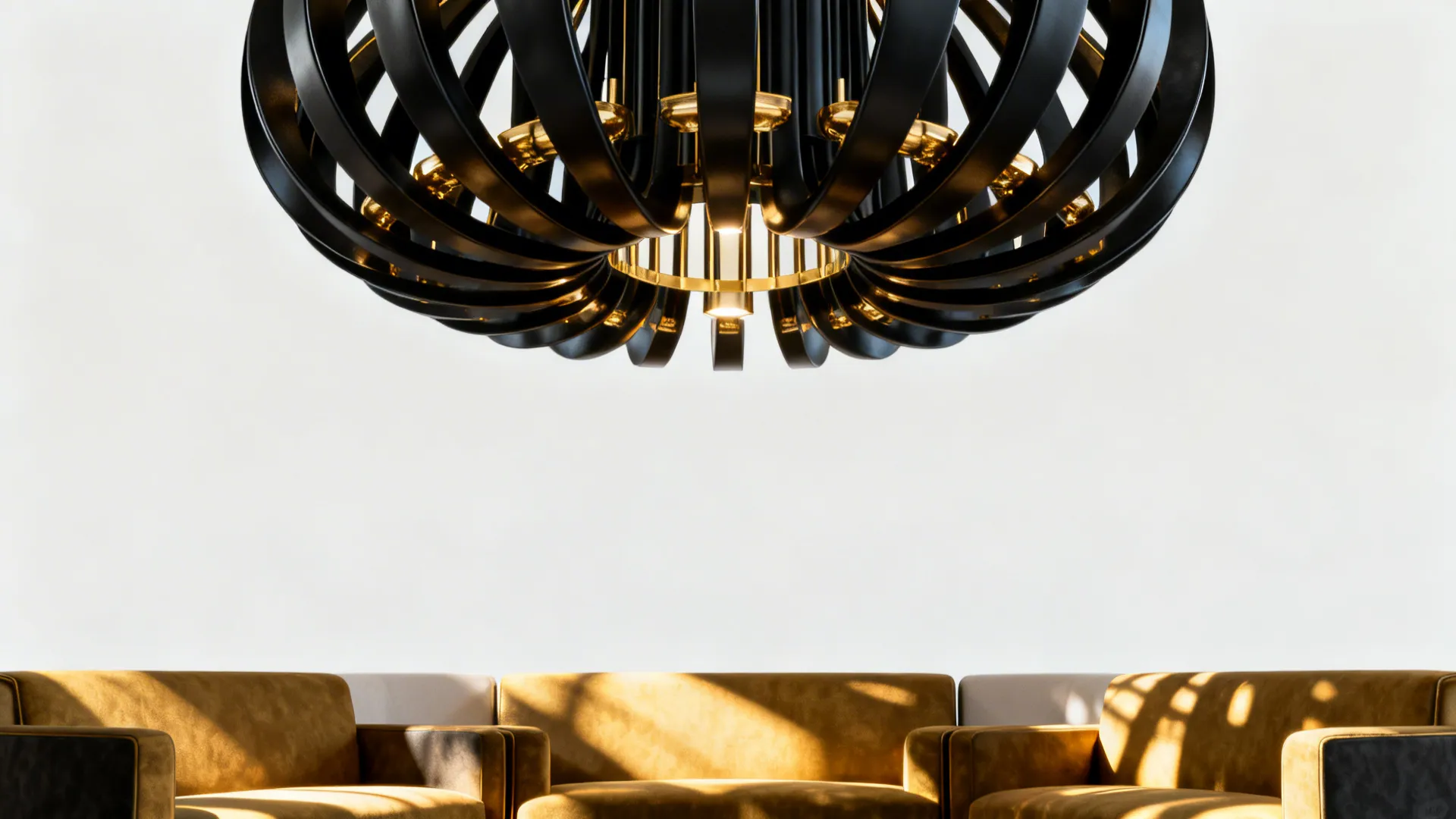 Sculptural black chandelier with gold detailing casting a warm glow in a small living room.