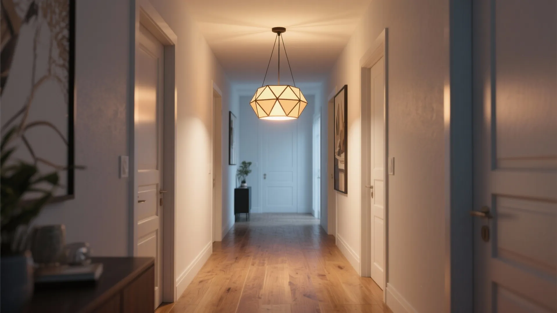 Modern hallway with a geometric ceiling light warm glow white doors and polished wood floors