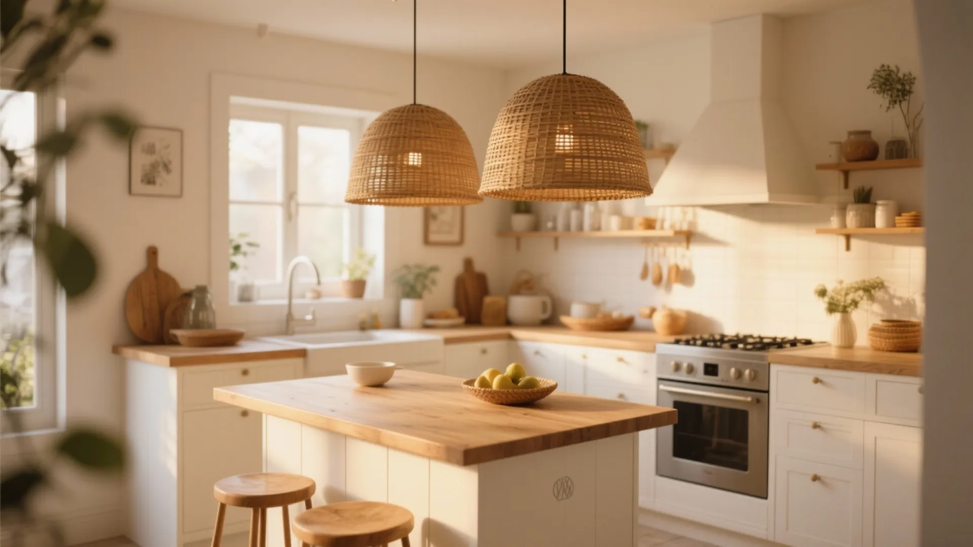 Warm kitchen interior with two woven ceiling lights hanging over a wooden island with stools