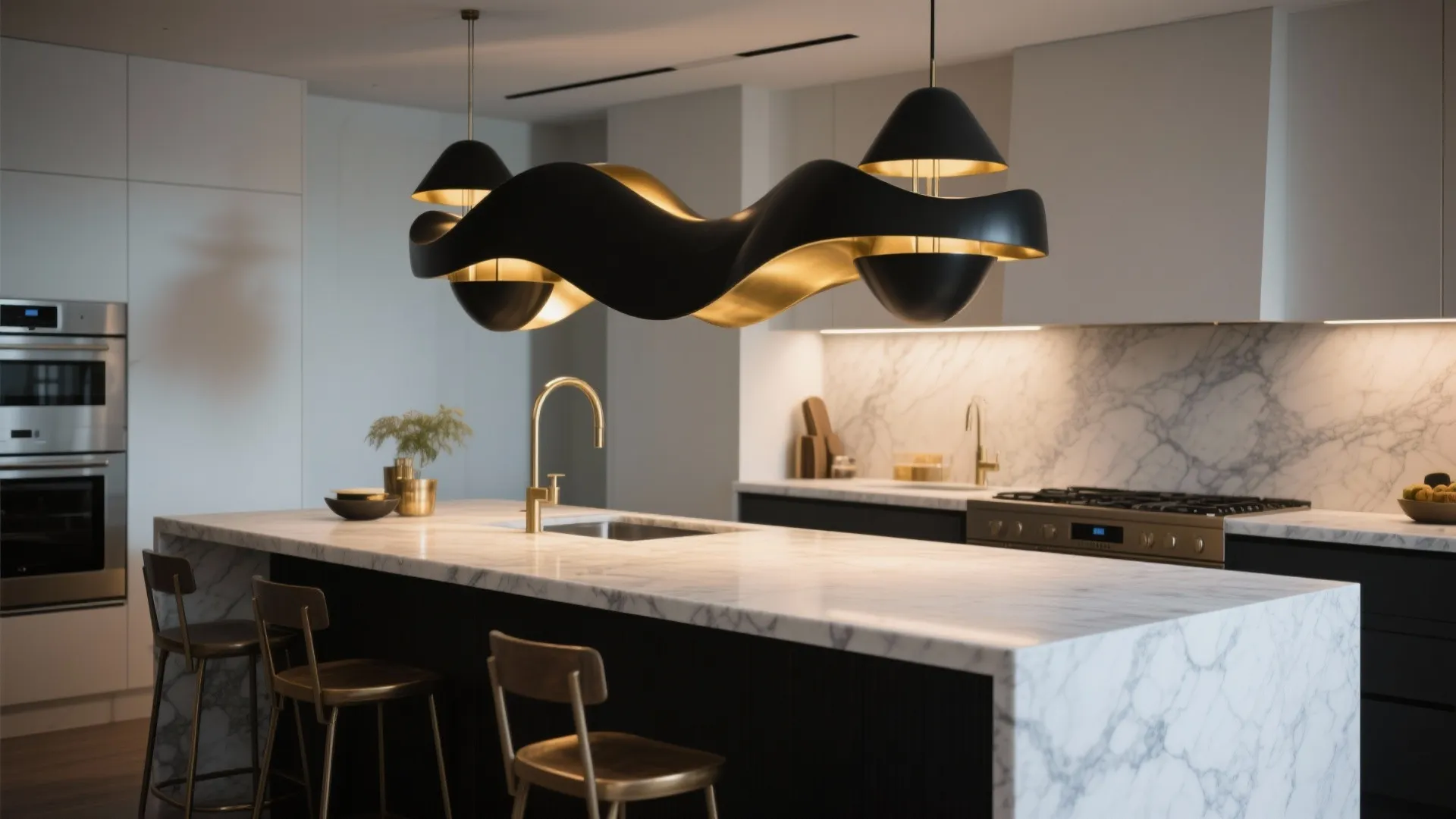 Contemporary kitchen featuring a large black ceiling light over a marble island with gold chairs