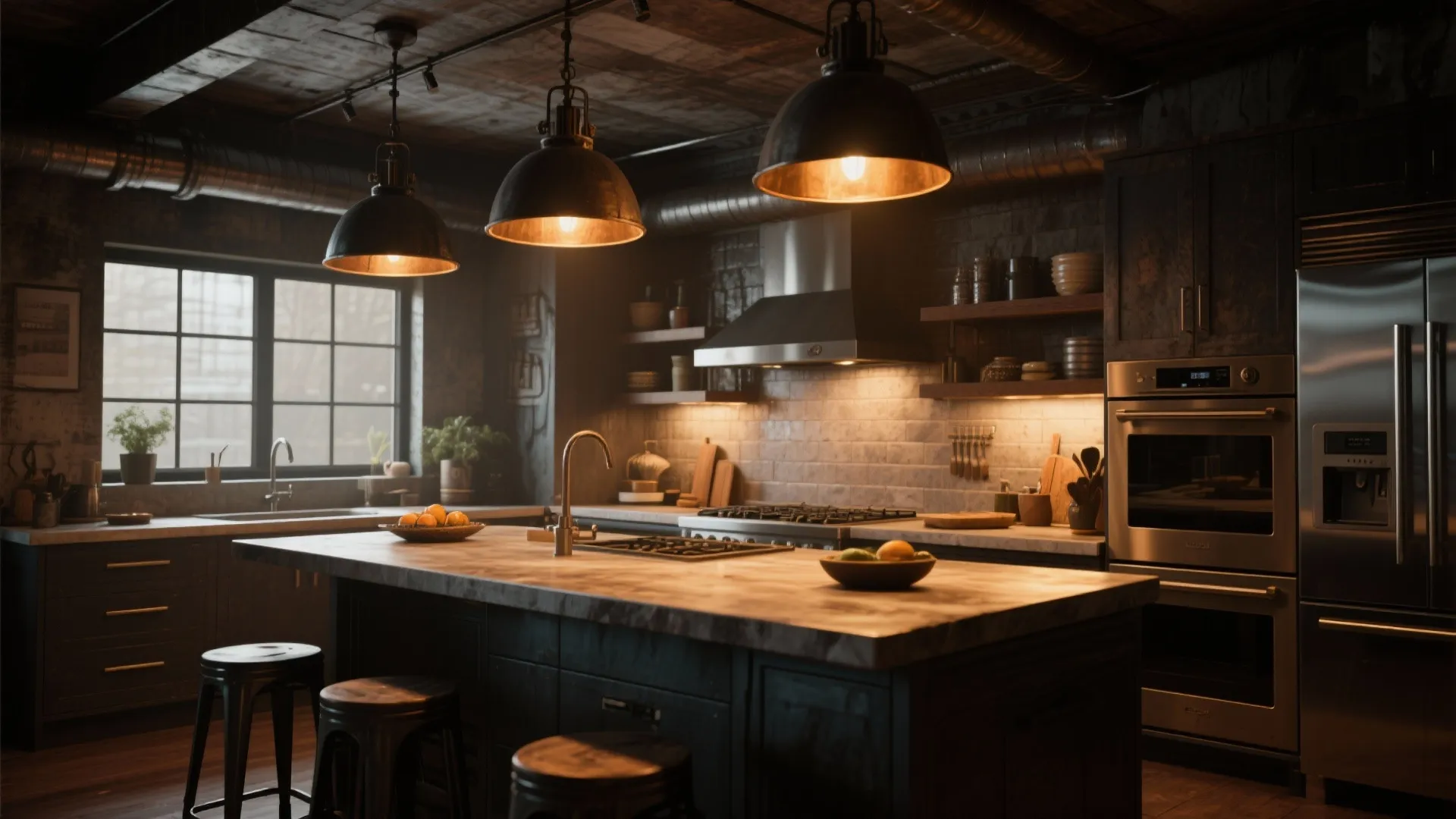 Industrial kitchen interior design with dark wood cabinets black ceiling lights and marble island counter