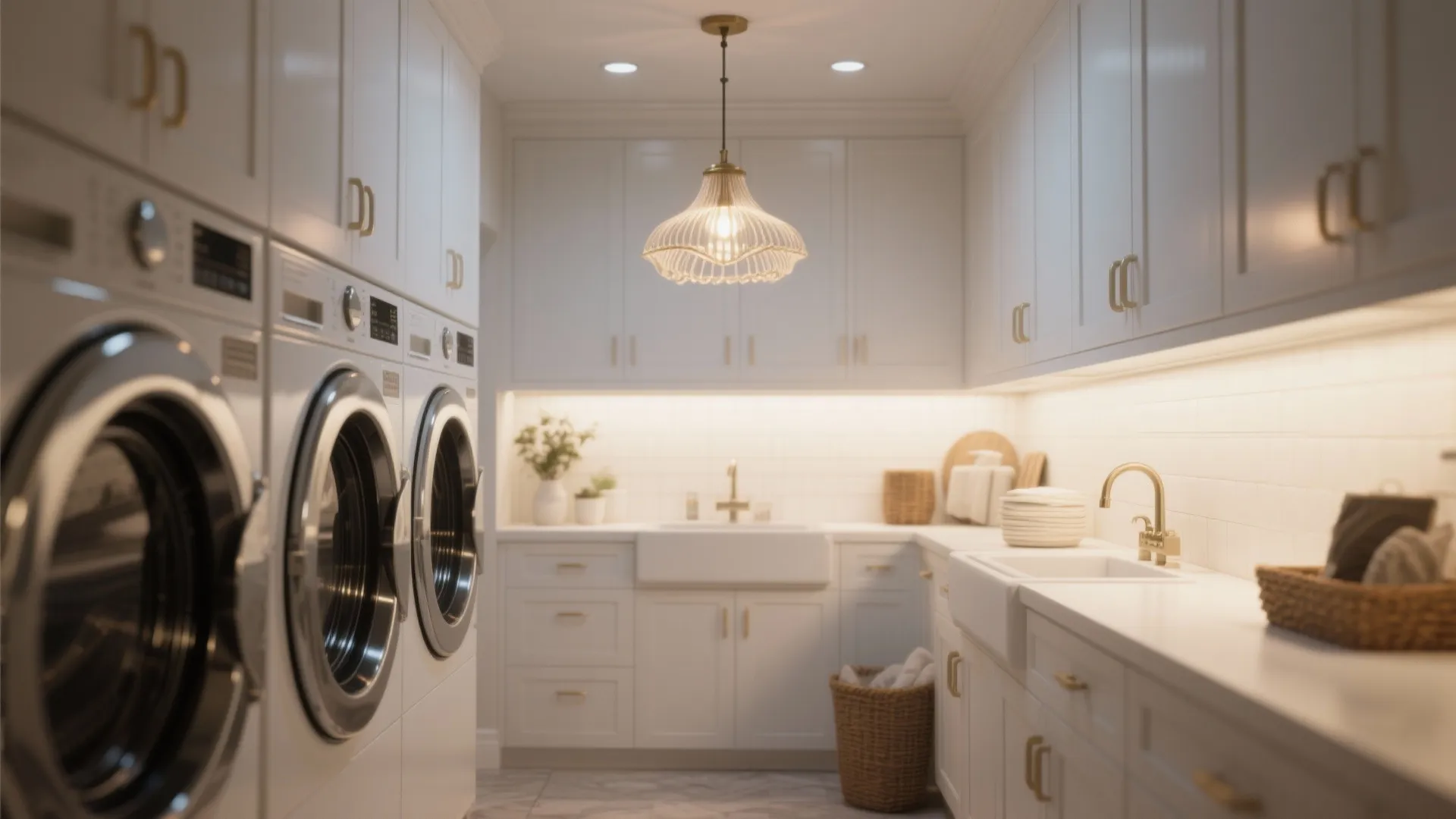 Elegant white laundry room with multiple washing machines gold hardware a ceiling light and large sink