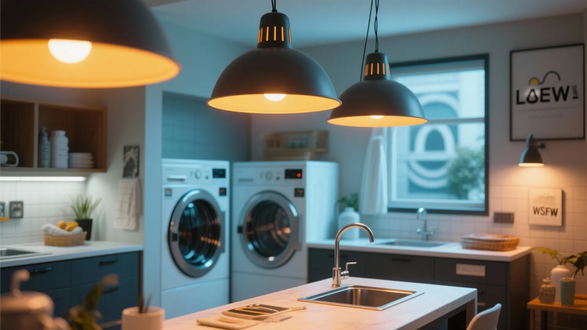 Modern laundry room featuring two black ceiling lights hanging over a kitchen island with sink