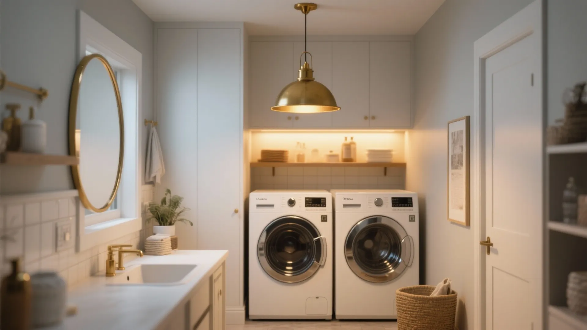 Modern laundry room with two washing machines a gold ceiling light mirror and white cabinets