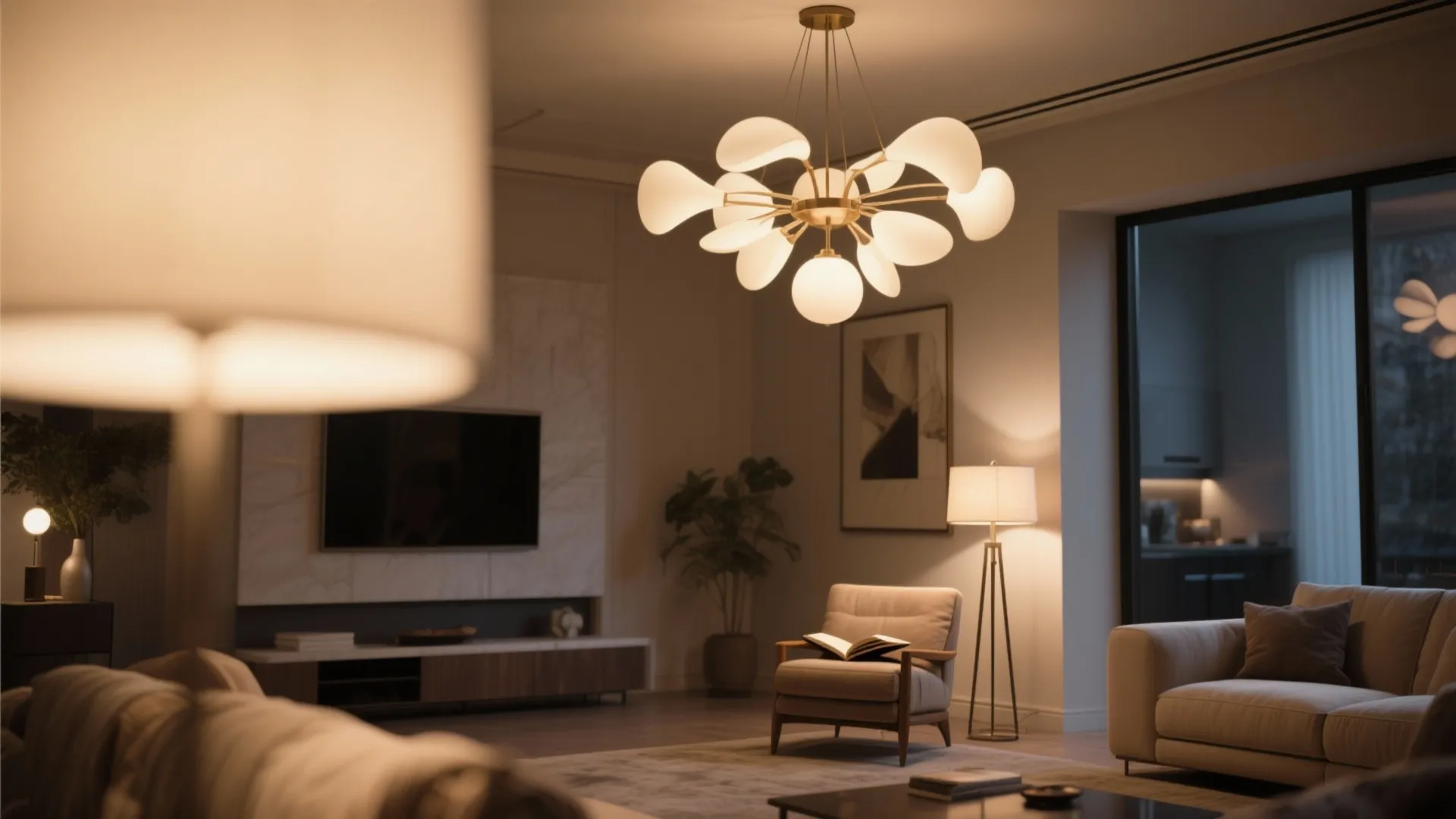 Layered lighting with chandelier and floor lamp in living room