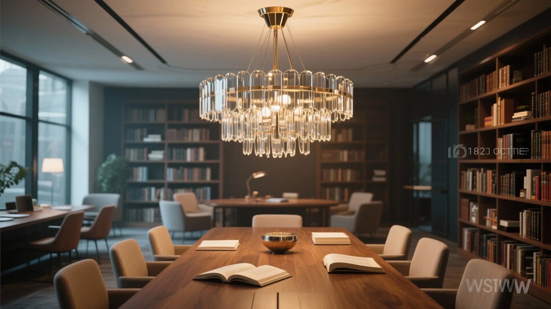 Large chandelier above a central reading table in a corporate library