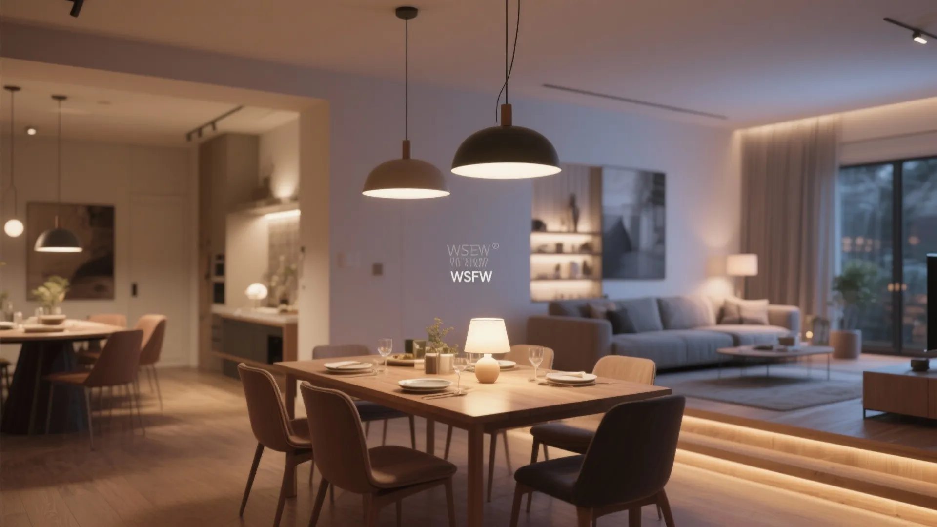 Modern warm dining room with wooden table chairs black ceiling lights and cozy living area
