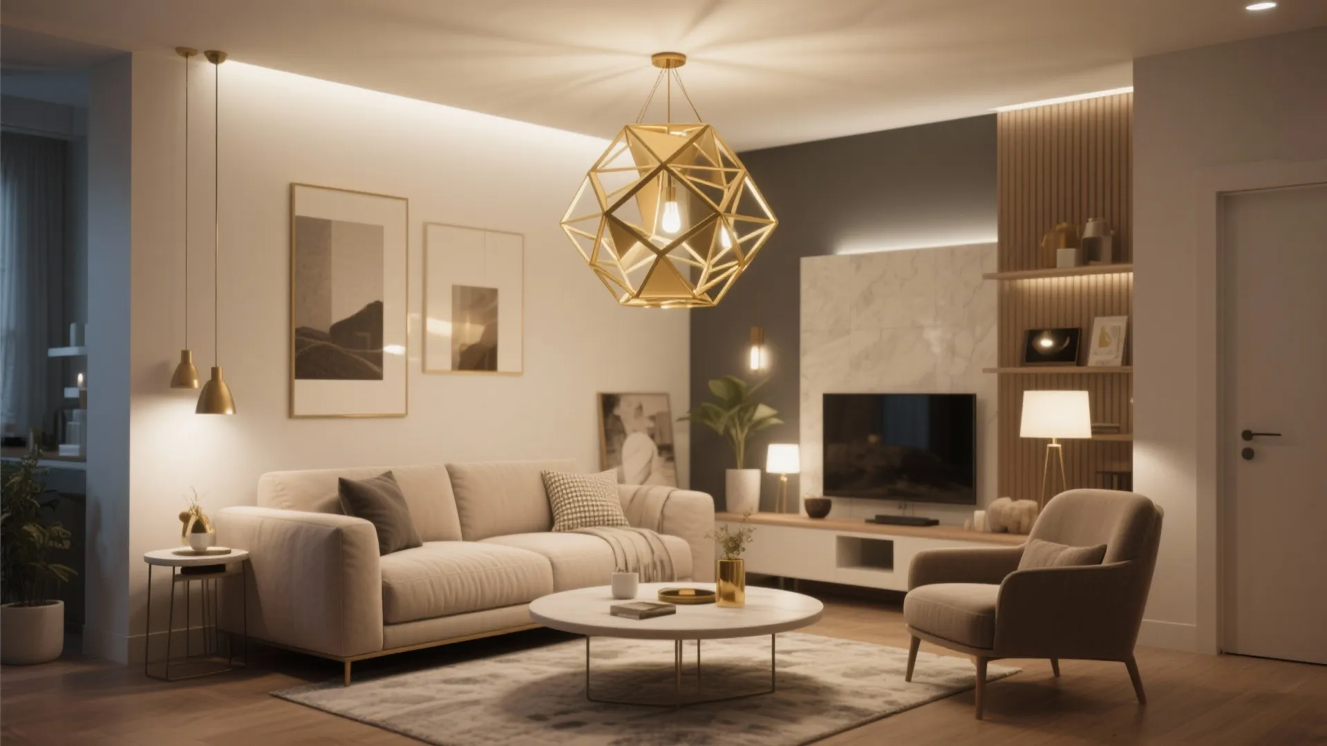Modern living room with a large gold geometric ceiling light above a round coffee table