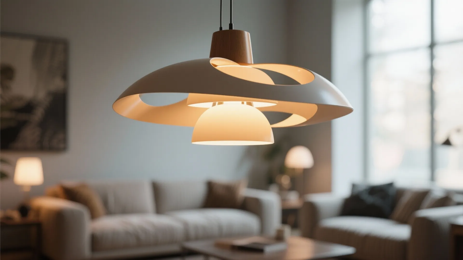 Modern white ceiling light hanging in a living room with sofas and blurry window background