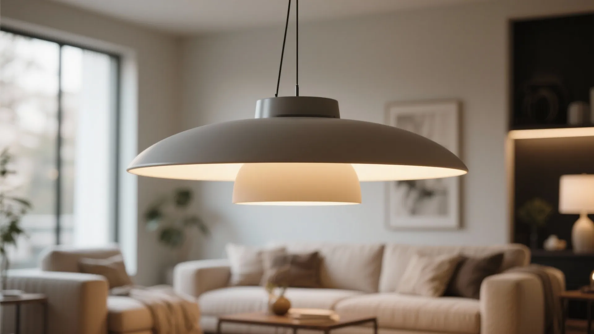 Modern grey ceiling light hanging in a bright living room with soft beige sofa painting