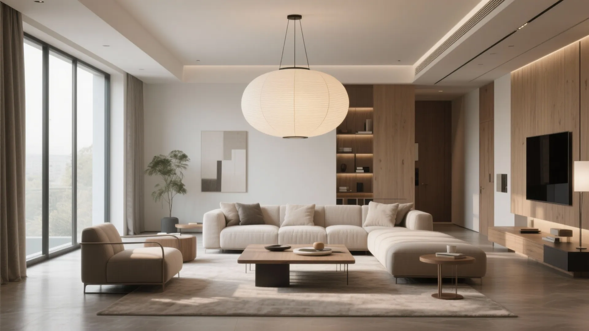 Modern minimal living room featuring cream sofa large round ceiling light wooden table and wall panel