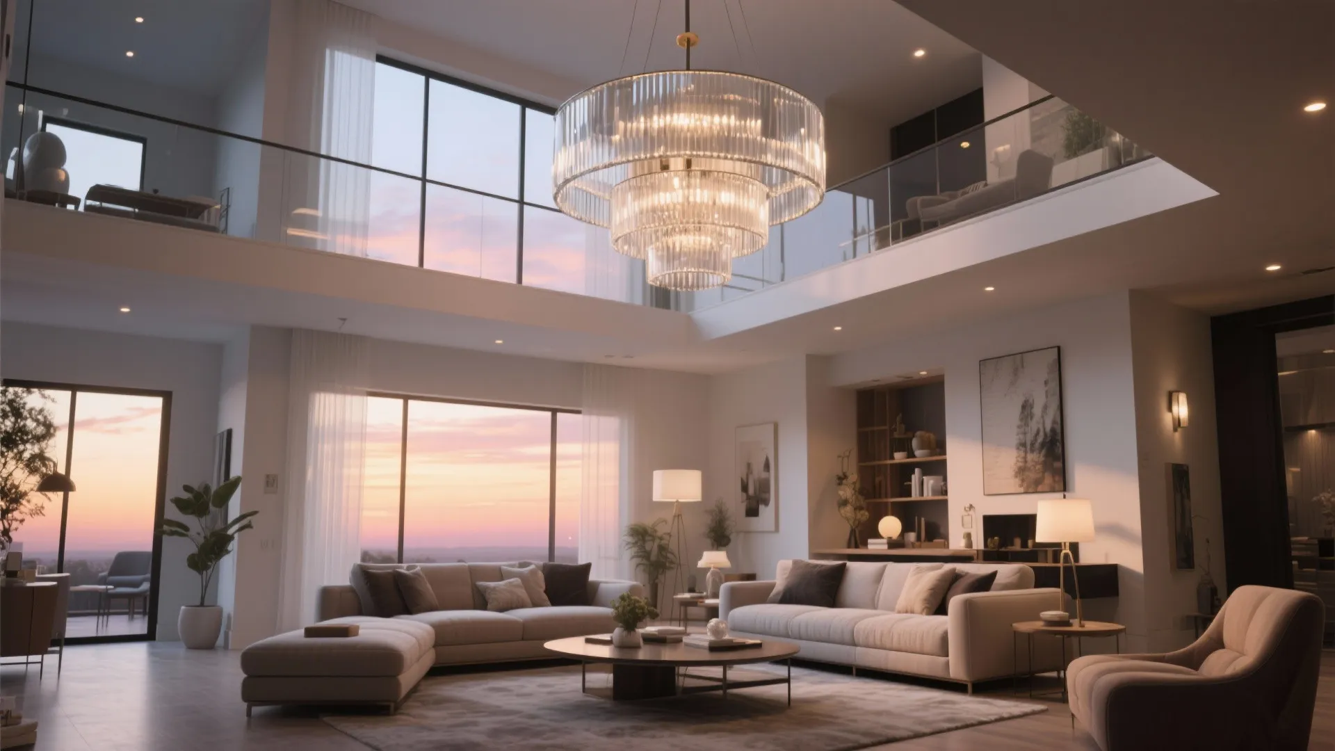 Luxurious living room with large crystal ceiling light beige sofas and sunset view through windows