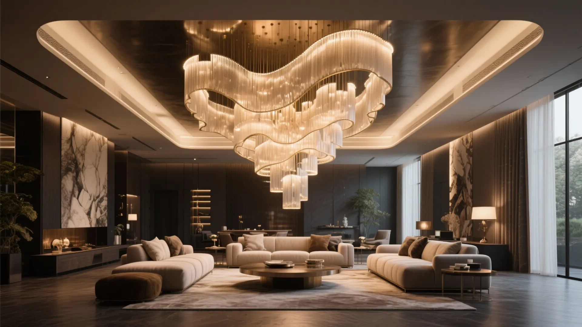 Luxury living room with a large wavy ceiling light hanging over modern sofas and coffee table
