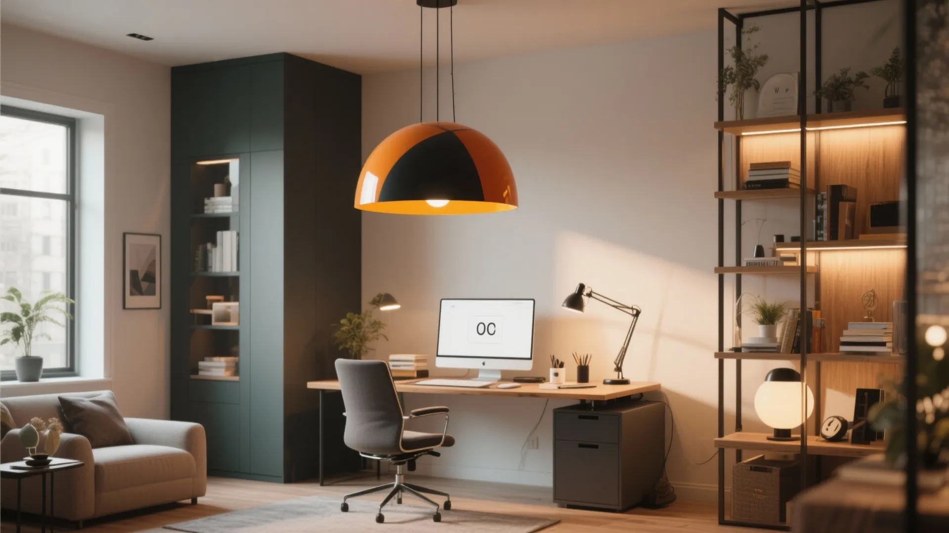 Home office with wooden desk and orange ceiling light featuring dark cabinets and open bookshelf display