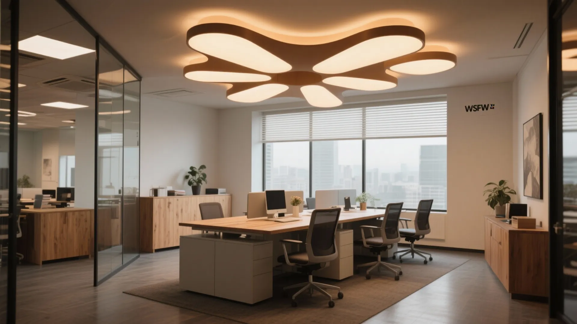 Compact office with a bold ceiling light fixture
