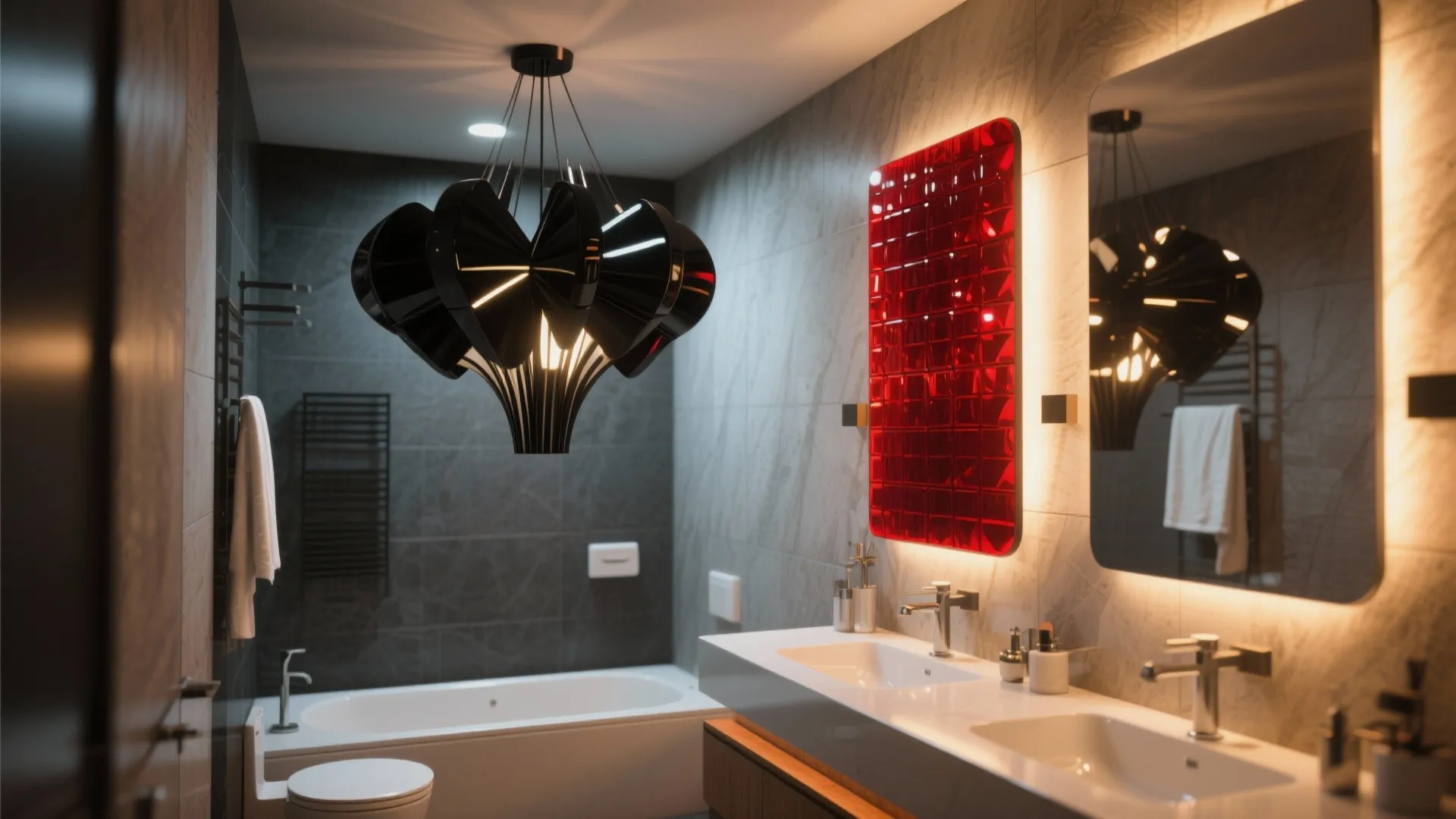 Grey bathroom interior featuring large black ceiling light double sink vanity and red wall panel decoration