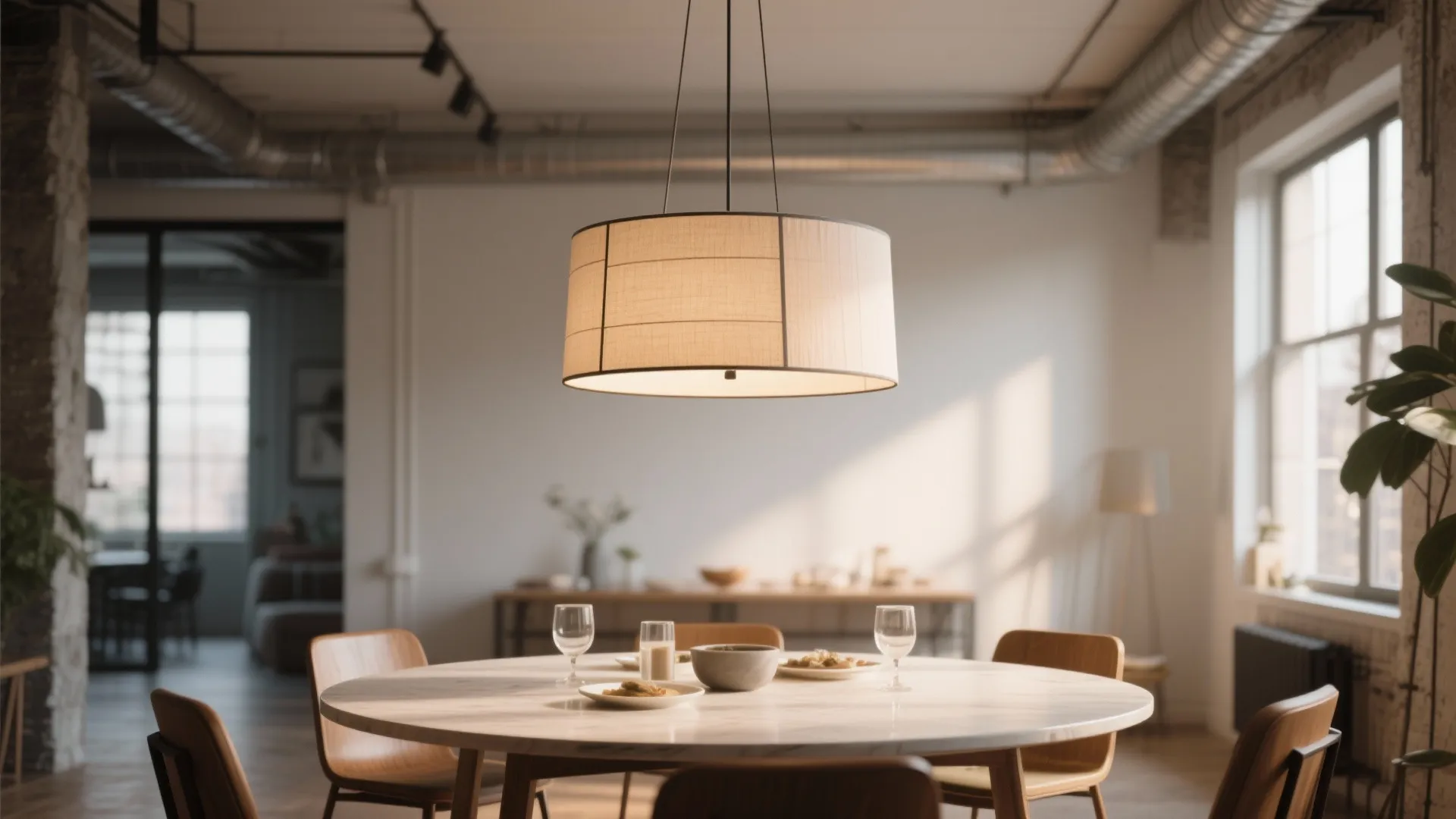 Round table with centered drum shade lighting in a modern loft