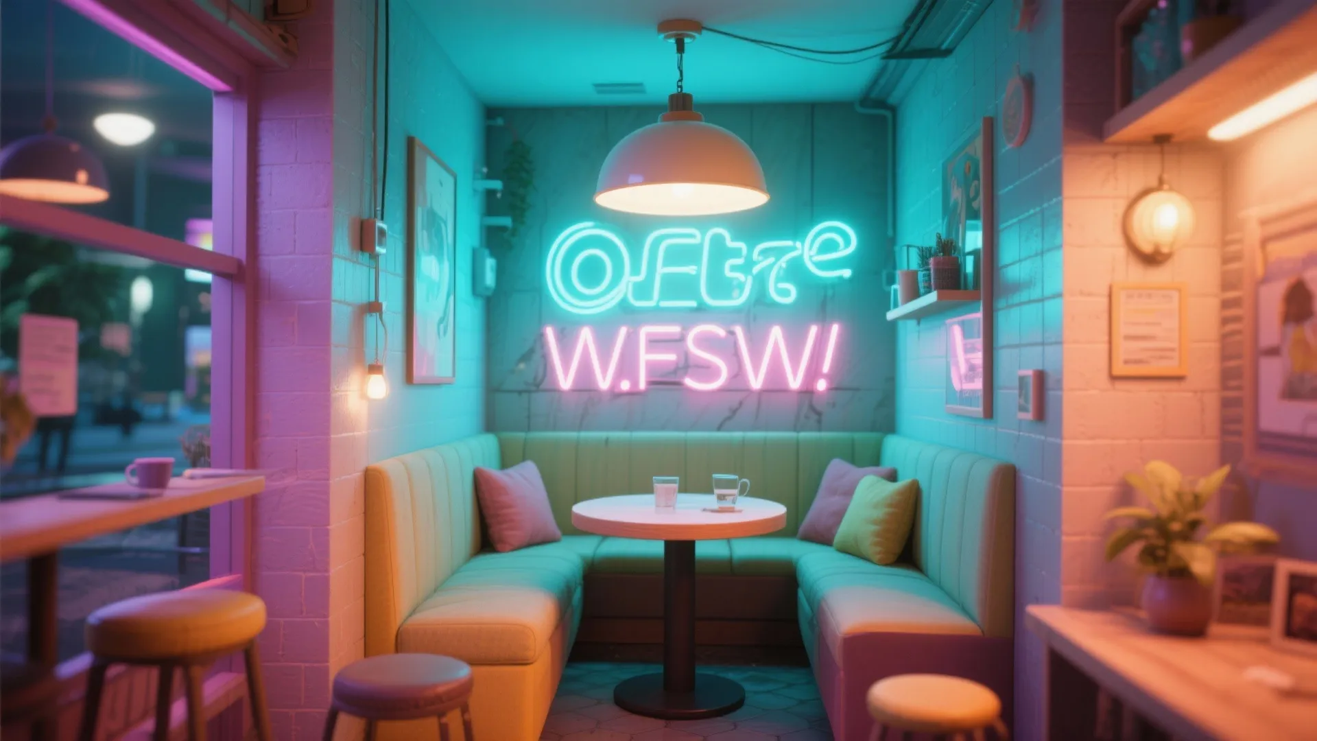 Oversized pendant and neon sign lighting up a tiny selfie spot