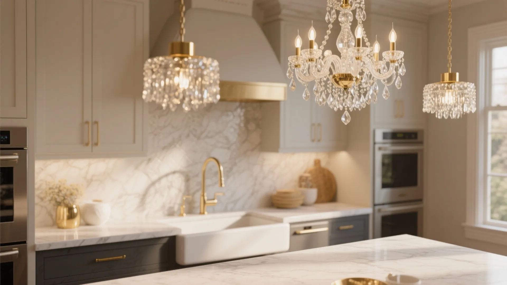 Kitchen sink with crystal chandelier and pendant lights