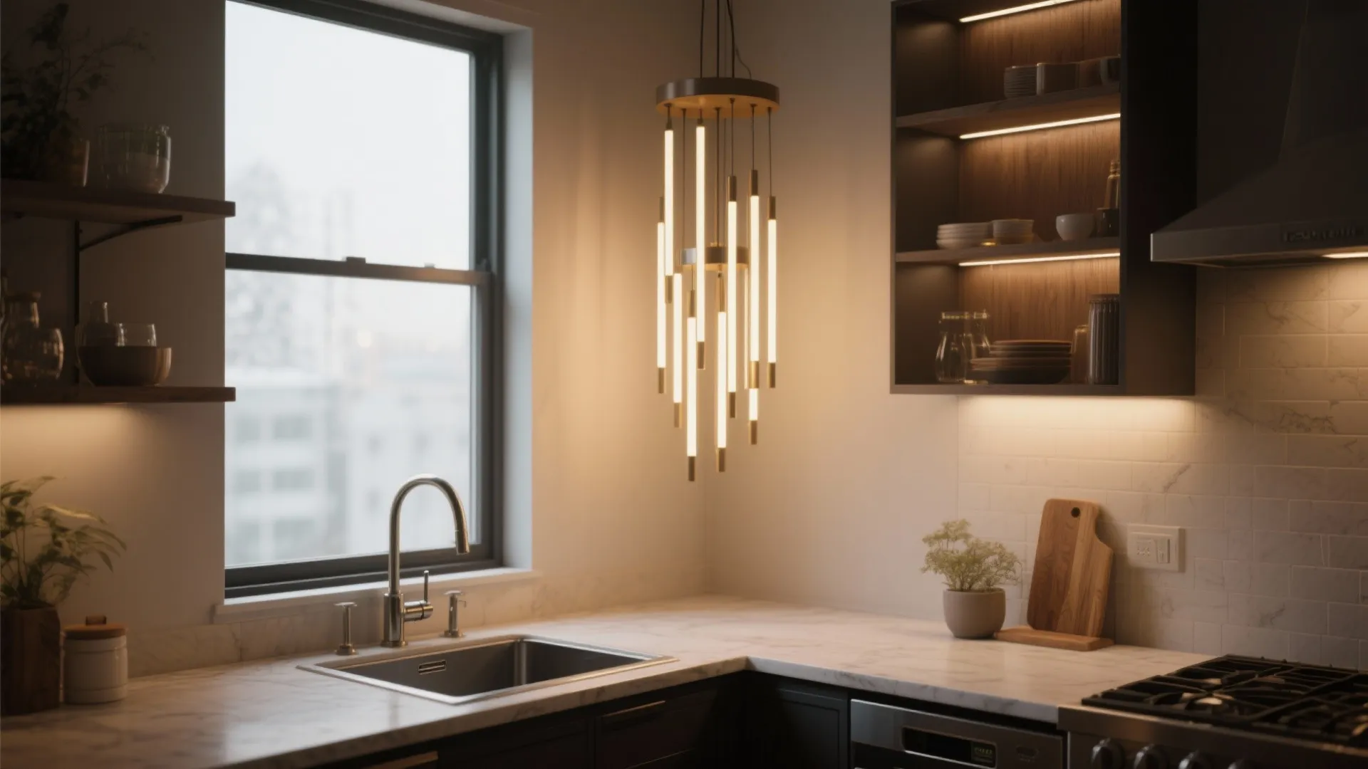 Windowless kitchen sink with oversized pendant light and warm ambiance