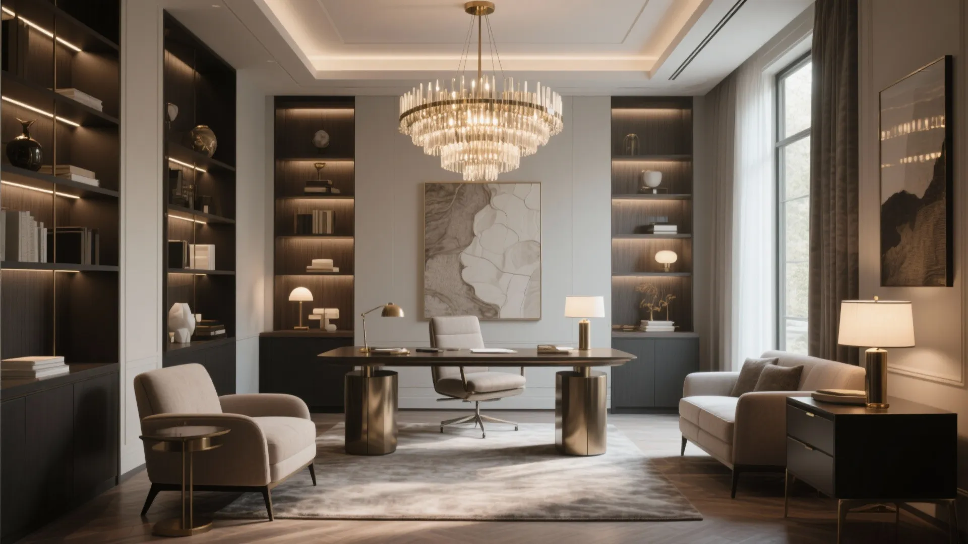Luxury study room with a crystal ceiling light wooden desk two armchairs and built-in shelves