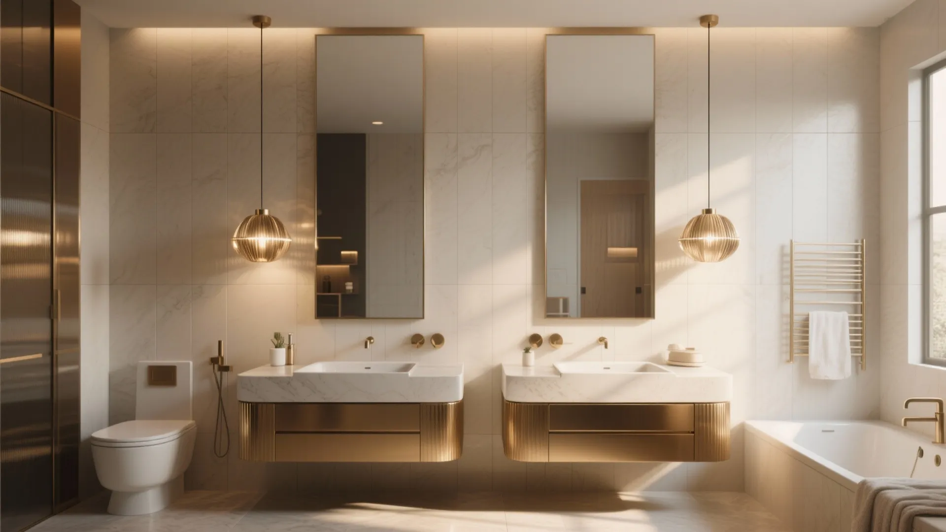 Luxury bathroom with gold double sinks hanging ceiling lights vertical mirrors and a white bathtub