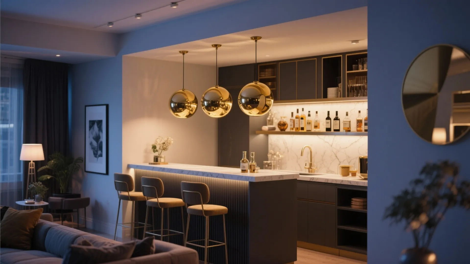 Interior design with three gold ball ceiling lights over a kitchen bar and grey sofa