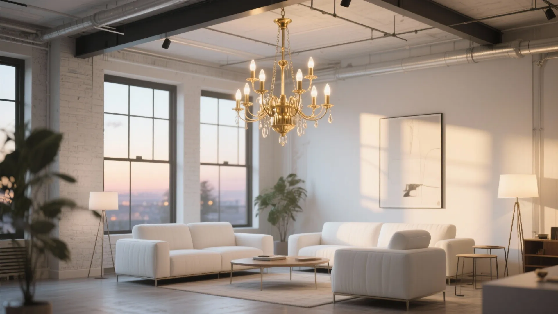 6. Statement Lighting over White Furniture