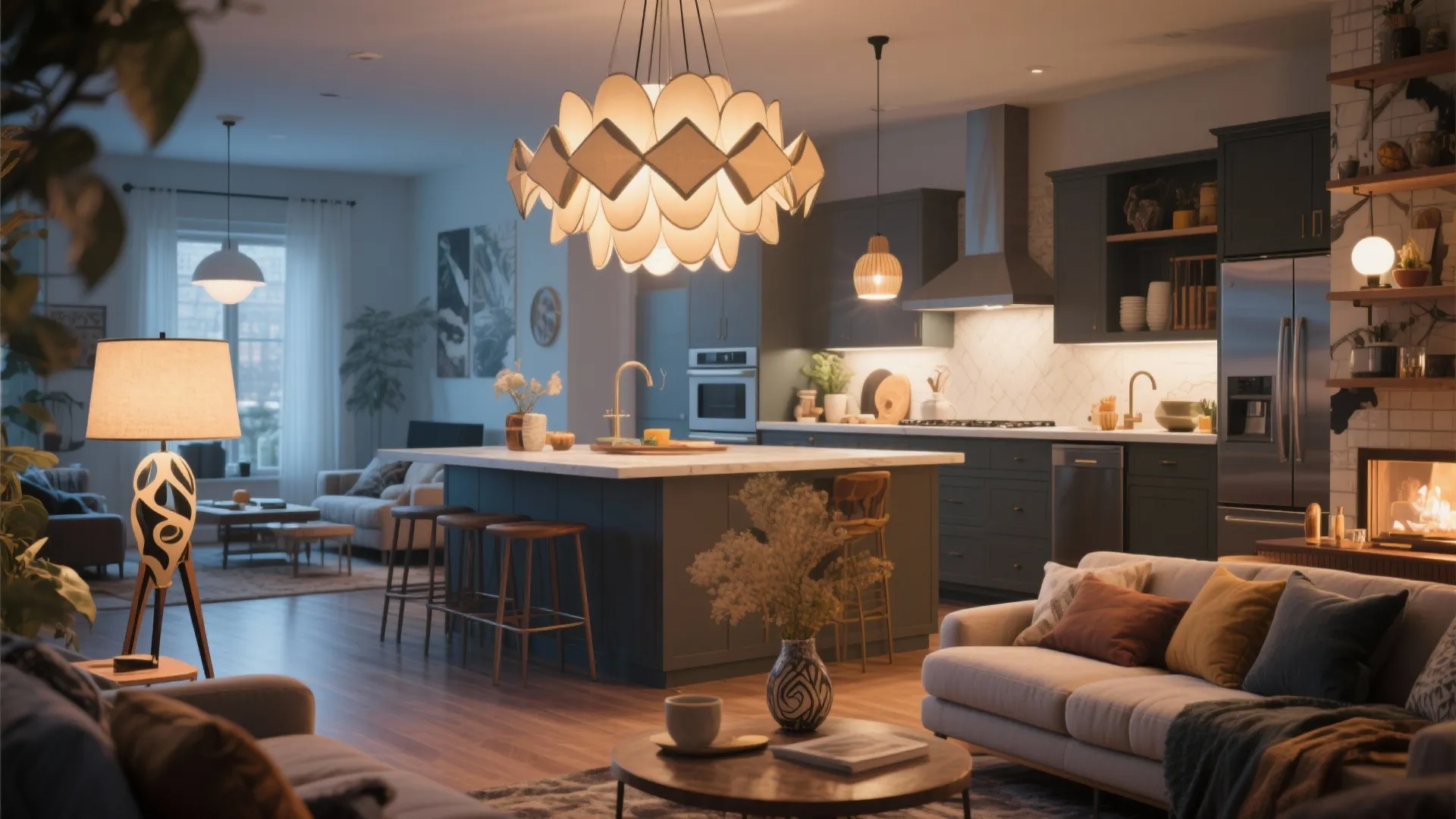 Modern open living room with large ceiling light kitchen island sofa and a warm fireplace