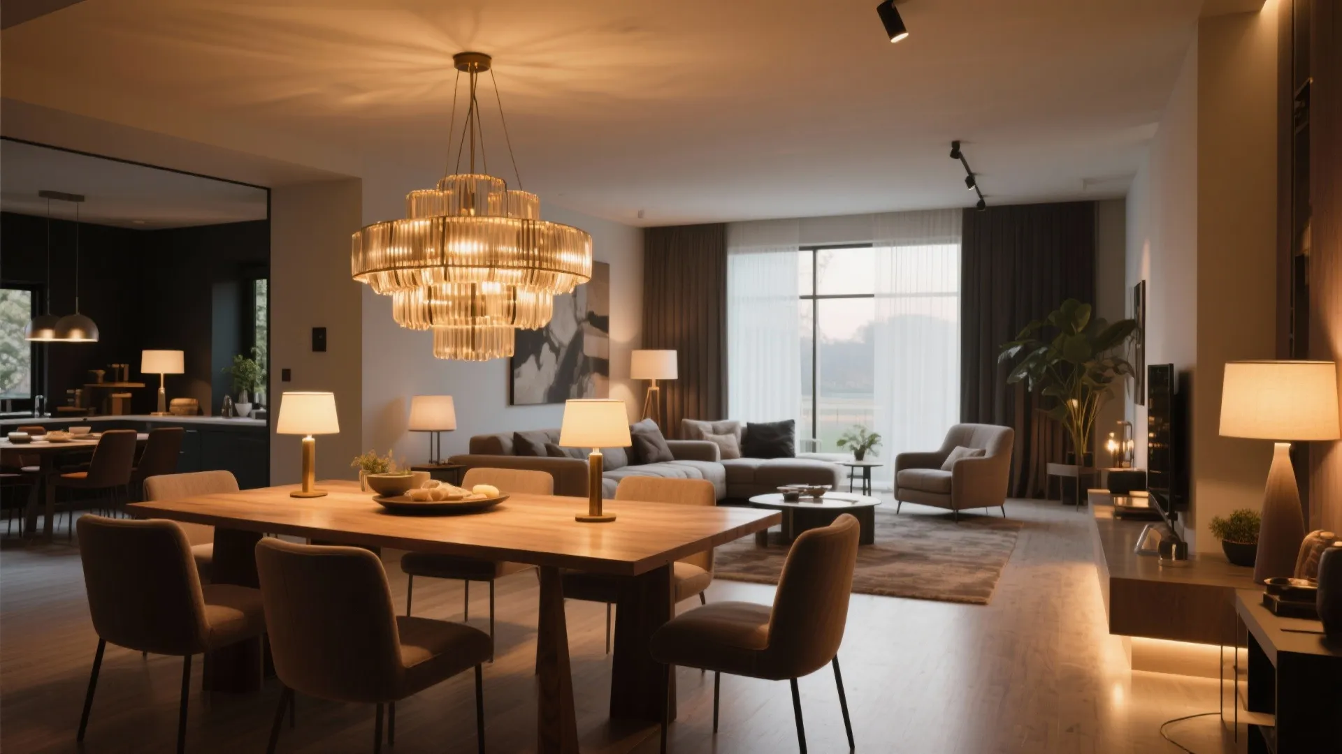 Open-plan room with statement chandelier over dining and warm lighting in lounge