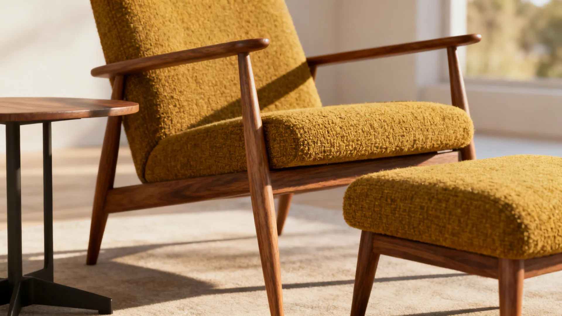 Yellow textured armchair with matching footrest sitting on a light rug beside a wooden table