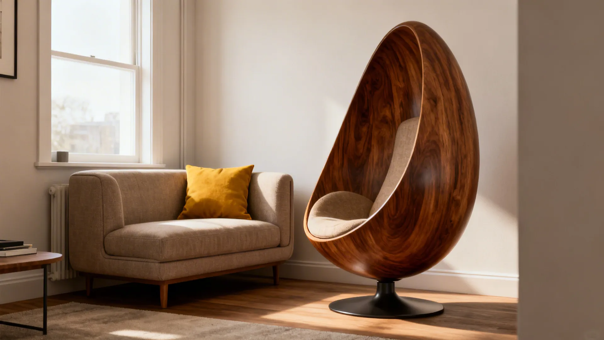 Sculptural mid-century lounge chair paired with a compact sofa creating a focal point.