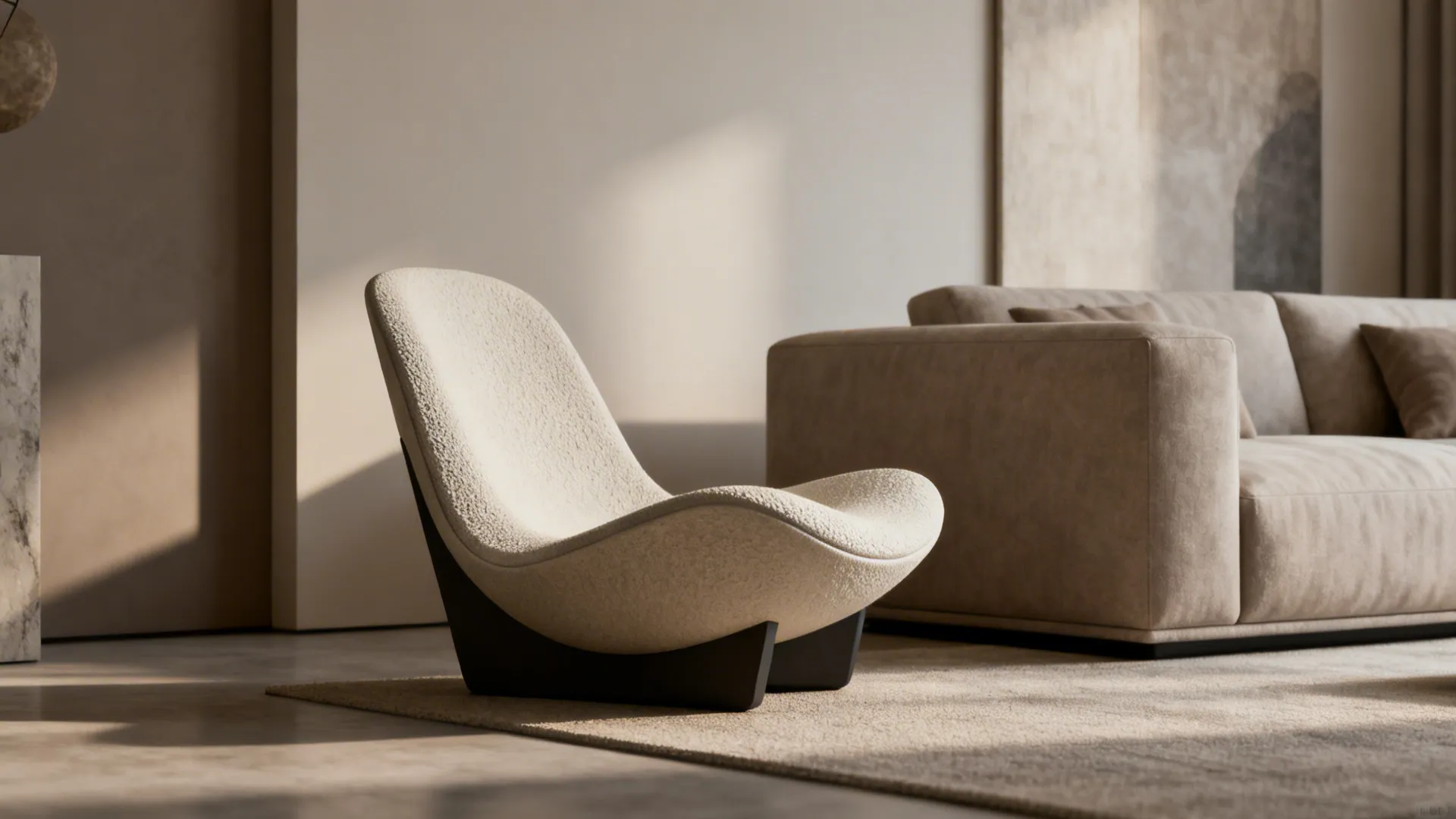 Sculptural lounge chair with compact footprint as a statement piece in a modern living room