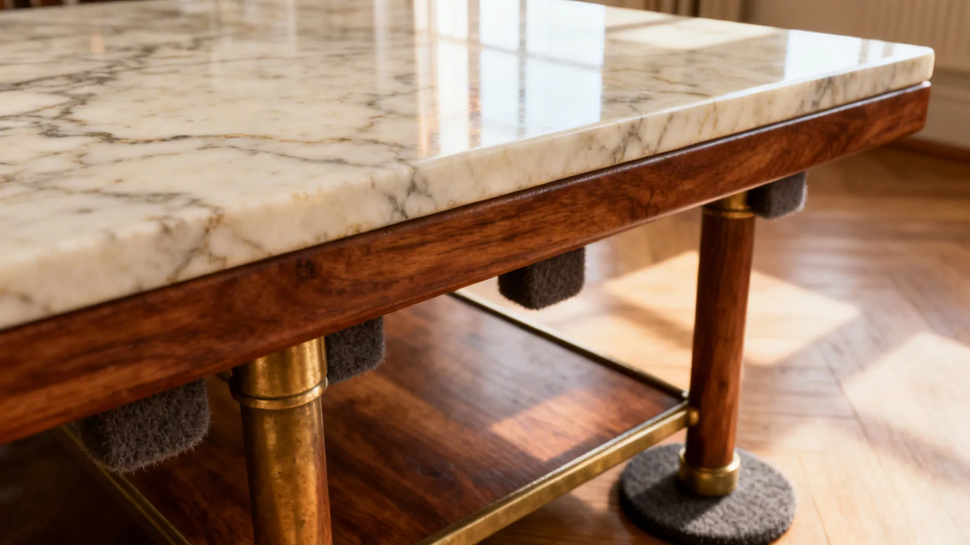 Close-up of statement coffee table showing marble veining or reclaimed wood grain and protective pads.